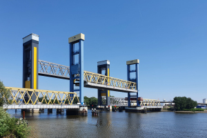 A lift bridge is lifted off its bearings
