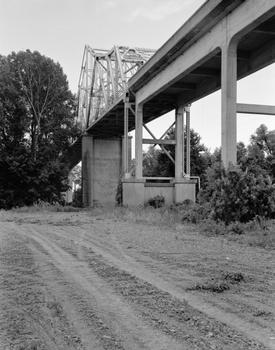 View of bridge from underneath showing easternmost pier and approach support, looking northwest 
Augusta Bridge, Spanning White River at Highway 64, Augusta, Woodruff County, AR