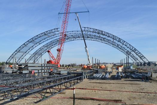 DAYTON, Ohio – Iron workers assemble steel archways located on the East Side of the building. The 224,000 square foot building, which is scheduled to open to the public in 2016, is being privately financed by the Air Force Museum Foundation, a non-profit organization chartered to assist in the development and expansion of the museum's facilities