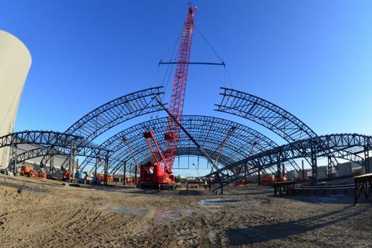 DAYTON, Ohio –Truss numbers 9 and 10 being lifted into position by the Manitowoc 999 crane. The 224,000 square foot building, which is scheduled to open to the public in 2016, is being privately financed by the Air Force Museum Foundation, a non-profit organization chartered to assist in the development and expansion of the museum's facilities