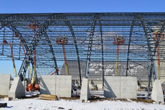 Dayton, Ohio – Iron workers weld together steel used for the roof truss at the museum's fourth building on Feb. 5, 2015, in Dayton, Ohio. The 224,000 square foot building, which is scheduled to open to the public in 2016, is being privately financed by the Air Force Museum Foundation, a non-profit organization chartered to assist in the development and expansion of the museum's facilities