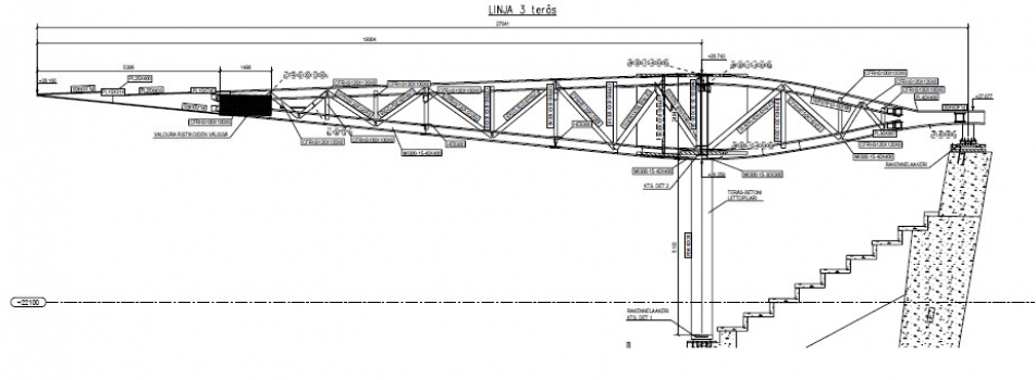 Die Grafik zeigt einen Hauptträger mit dem beschriebenen Ausleger zur Lastabtragung des Daches. Der Ausleger wird durch Niederhalter mit Zug-Druck-Lagern außen beweglich gelagert.