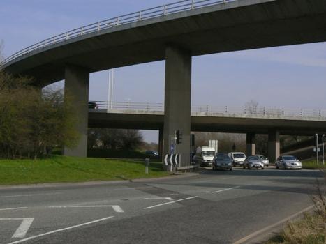 Flyovers at the northern end of the bridge. The high level flyover carries northbound traffic from the bridge towards Nottingham city centre (A453). The lower flyover is the main western ring road (A52).