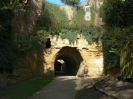 The southern portal. The tunnel is cut through the soft Bunter sandstone of the area and is unlined. It was original intended as an access for horse drawn carriages into the residential suburb called The Park, but is now restricted to a small pedestrian access at its far end.