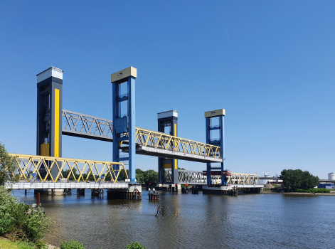 The Kattwyk bridges in the port of Hamburg : It the front is the new bridge for rail traffic. In the back is the old bridge built in 1973, which now only carries road traffic