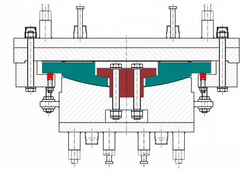 Cross section of an MSM® Spherical Uplift Bearing : Green is the calotte, red the slidable uplift device against uplift forces
