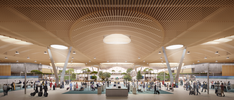 Rendering of how the new main terminal in Portland will look from August 2024 onwards : Clearly visible, the load-bearing function of the Y-columns