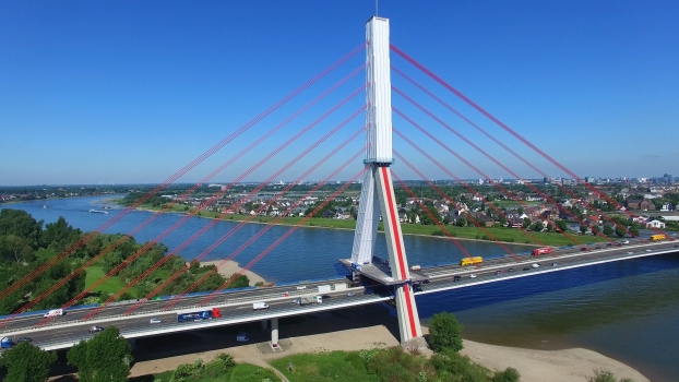 Scaffolding on the concrete pylon of the Flehe Bridge in Düsseldorf necessary for concrete repairs