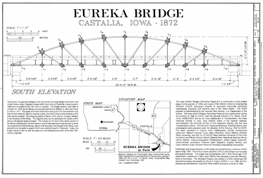 Eureka Bridge, Castalia, Iowa: Plans Élévation sud, plan, section et détails des connections.
