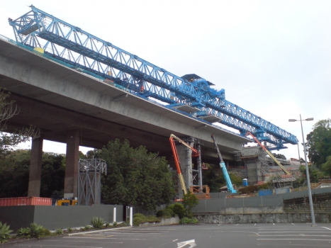 Reconstruction of Newmarket Viaduct in Auckland : Work on the Newmarket Viaduct continues in Auckland, New Zealand. The half-finished southbound viaduct, looking west from the Farmers car park.