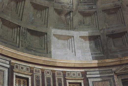 Pantheon in Rome.Dome section with renovation tests on one of the coffers