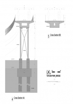 Taiyuan Park Footbridge - deck cross sections:Typical deck cross-section at mid-span and at pier support, pier elevation.