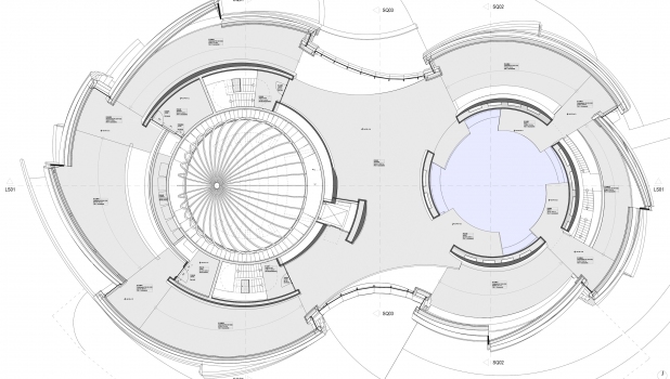 The void is a unique place shaped like a sphere, marked in light blue color in this architectural floor plan. It is part of the ESO Supernova Planetarium & Visitor Centre. It is 15.5 metres tall, with a total area of 140 square metres. With its glass ceiling, the room has warm, natural light during the day and a view of the sky at night.