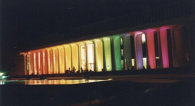 Robertson Hall: Robertson Hall of the Woodrow Wilson School of Public and International Affairs, Princeton University. Rainbow colored lighting during class reunions