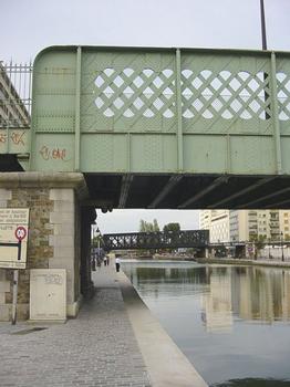 Pont de la rue de l'Ourcq, sur le canal de l'Ourcq, Paris XIXe. Au fond, pont de la Petite Ceinture
