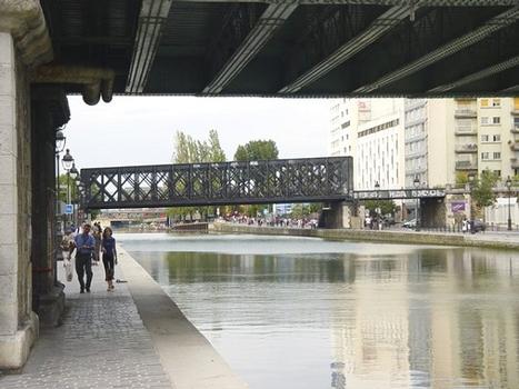Pont de la rue de l'Ourcq, sur le canal de l'Ourcq, Paris XIXe. Au fond, pont de la Petite Ceinture