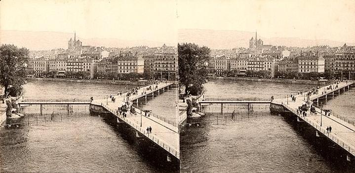 Pont des Bergues, Genève. Vue stéréoscopique, vers 1900.