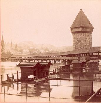 Kapellbrücke, Lucerne. Vue stéréoscopique, vers 1900.