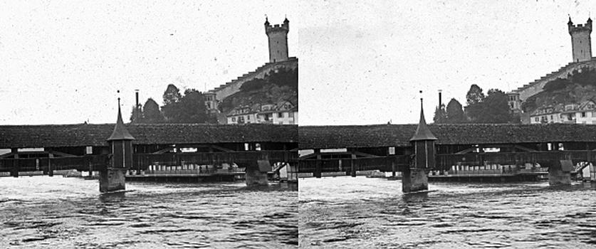 Spreuerbrücke, Luzern — Stereoskopische Ansicht um 1870