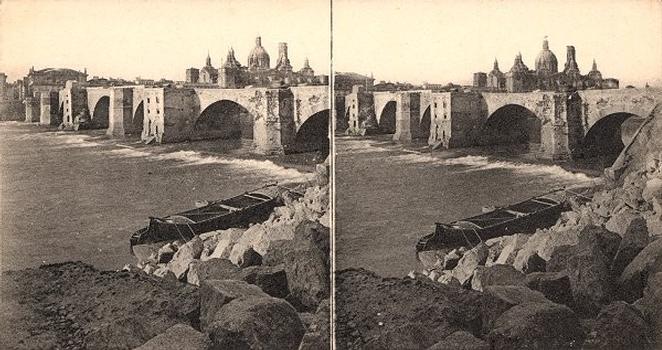 Puente de Piedra, Saragosse. Vue stéréoscopique, vers 1900.
