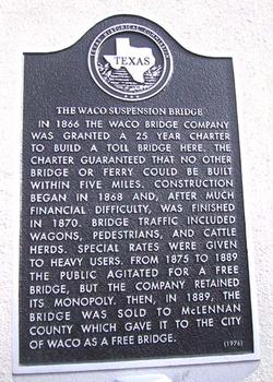 Waco, Texas; Suspension bridge. 1870. Roebling Co. cables