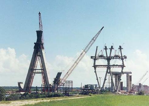 Fred Hartman Bridge under construction
Looking south:South pylon is farther along. North Pylon (left) just started