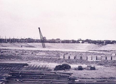 Rice Stadium:Construction progress, early 1950. Excavation of bowl comlete; pouring of east stands started, at left