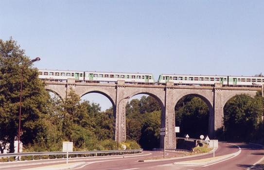 Viaduc de Coutances: Passage d'un train assurant la liaison Rennes-Caen(autorail X4630 en unité multiple et aux couleurs de la région Bretagne)