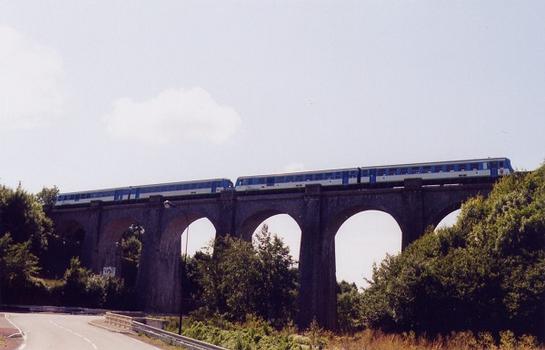 Viaduc de Coutancesla : liaison Caen-Rennes faite par un X4630 en unité multiple (couleurs de la région Basse-Normandie)