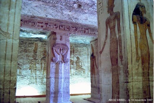 Abu Simbel: Temple of Nefertari:The face of the Goddess Hathor is inscripted on the columns supporting the roof