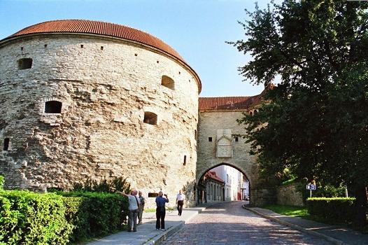 TALLINN - Vanalinn , la ville-basse, à l'extrémité nord des remparts la Tour de la Grosse Marguerite (Paks Margareeta) qui abrite le musée de la Mer (Meremuuseum), édifiée au début du 16e siècle et la porte de la Côte (15e siècle)