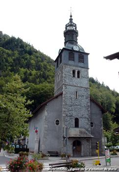 MONTRIOND (74110, Haute-Savoie) – Eglise de « la Visitation de Marie », consacrée en 1765, le clocher est de 1802
