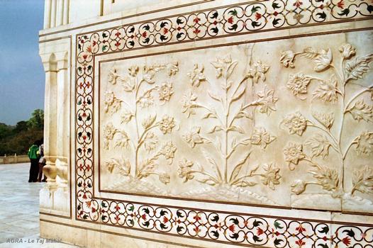AGRA (Uttar Pradesh) – Le Taj Mahal, soubassement du mausolée, marqueterie et très-bas-relief