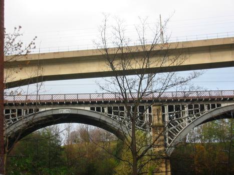 Ouseburn Viaduct (1868) cast iron and steel arch [by Weardale]; metro bridge over head