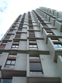 Grenoble (38): Les 3 tours de l'Ile Verte.(1966-1968). Identiques et composées de 33 niveaux dont 2 sous-sols, 1 RdC, 1 Entre-sol,28 étages standard et 1 niveau technique. Hauteur: 92,3 m. Affectation mixte: habitation et bureaux