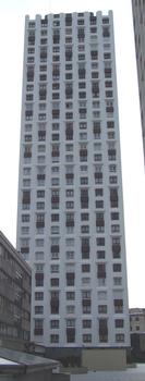 Paris XXème: Tour St Blaise, Square Vitruve. Composition de l'immeuble: 3 sous-sol - 1 RdC - 29 étages standard - 1 étage technique. Hauteur aérienne, hors du sol: 87,3 m