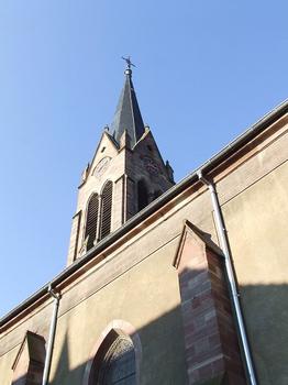 Eglise catholique de Village-Neuf : Hauteur totale avec croix 59,41 m. Hauteur sans la croix 57,0 m. (Mesures du 21.10.1998)