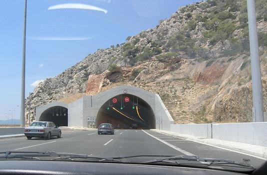 Evpalinos Tunnel: A8 Motorway in Greece - Evpalinos Tunnel entrance next to the Thiseas Tunnel entrance going in the opposite direction