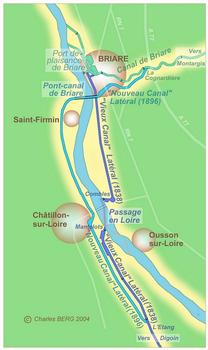 Le site de Briare, montrant les 3 canaux. Le canal de Briare (1642) est en bleu-vert, le canal Latéral de 1838 en bleu ciel, et le canal Latéral de 1896 en violet