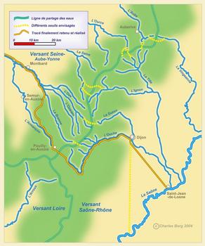 Le choix de l'implantation du bief de partage du canal de Bourgogne a été l'objet de nombreuses hésitations au cours du XVIIIe siècle, avant d'être fixé par Jean-Rodolphe Perronet, sur le tracé le plus méridional, ce qui aurait permis une jonction supplémentaire avec la Loire par la vallée de l'Arroux. (dessin réalisé à partir d'une carte parue dans «Un canal, des canaux», ed. Picard-CNMH 1986)
