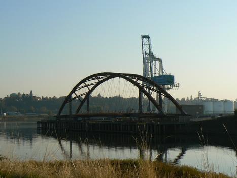 Multnomah Channel (Sauvie Island) Bridge main span, fabricated upstream for barging to construction site
