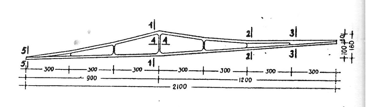 An elevation of a typical beam is dimensioned in centimeters.