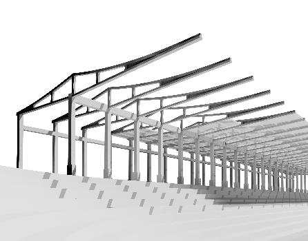 This computer rendering shows how the beams for a stadium roof are covered with precast concrete roof deck elements.
Used with kind permission of W. Zalewski, Jeff Anderson, David Foxe