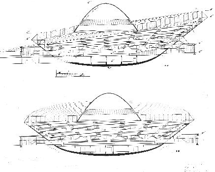 Spodek, Kattowice, Poland This section drawing shows both the bowl of the seating structure and the original, more complex version of the tensegrity roof structure. The bowl is tipped to permit greater flexibility in seating arrangements. Used with kind permission of W. Zalewski