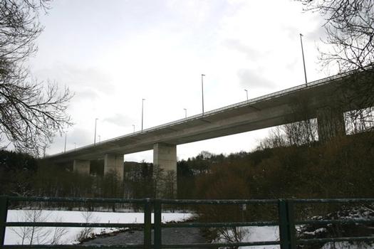 Viaduc de Bellevaux face Est vu du pont de la Warche qui se jette dans l'Amblève (rive droite) sous le viaduc