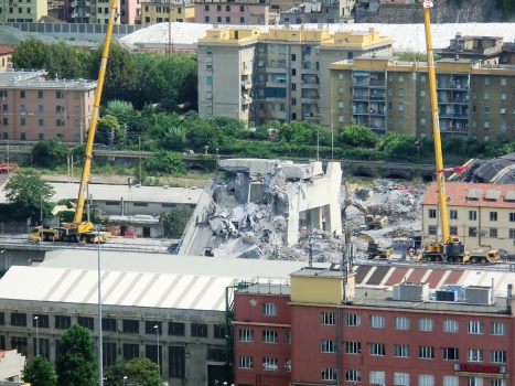 Polcevera viaduct after August 14th 2018 partial collapse. Base of collapsed pylon