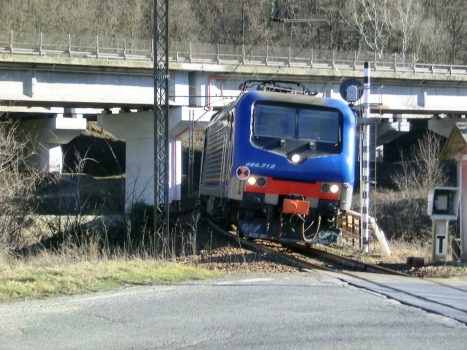 Train on Stura 5 Bridge and, above, A26 Curli Viaduct