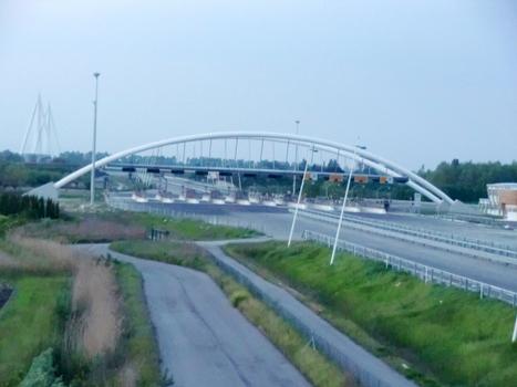 A31 Motorway Badia Polesine toll gate. On the left, Adige cable stayed viaduct