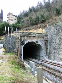 Maroggia Tunnel southern portal and, above, Beata Vergine della Cintura church