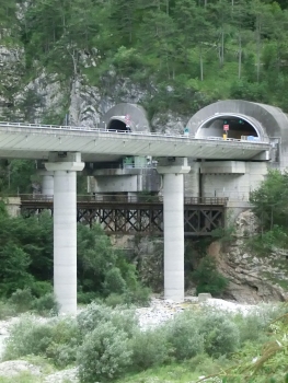 Cadramazzo Viaduct and, visible between the piers, Rio Patocco Railroad Bridge: On the right, Raccolana Tunnel northern portal
